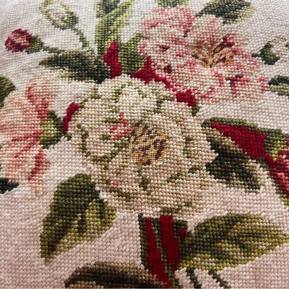 Vintage Needlepoint Pillow with Ruffle Trim – 14”x14” (+2” Ruffle)